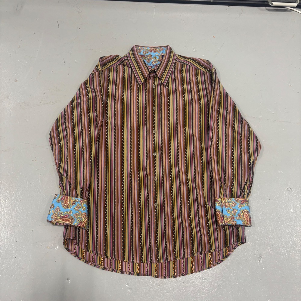 Robert Graham Mens XL Long Sleeve Striped Button Down Shirt Paisley Cuffs - Picture 3 of 7